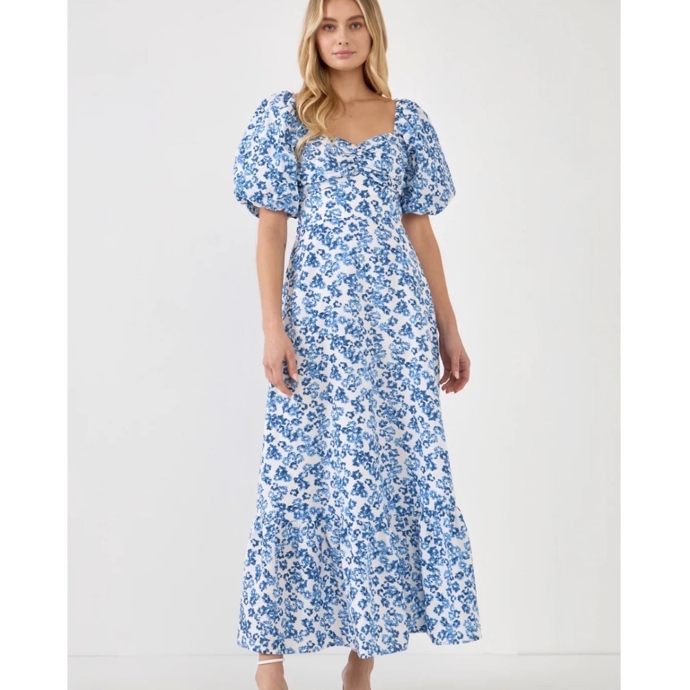Free The Roses Floral Puff Sleeve Open Back Maxi Dress Womens XS Cottagecore